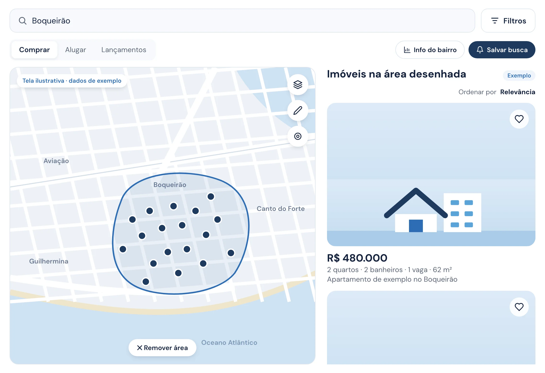 Busca no mapa com área desenhada no Boqueirão, em Praia Grande